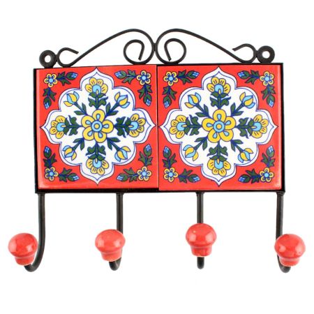 Red Base White Floral Ceramic Tile Hook